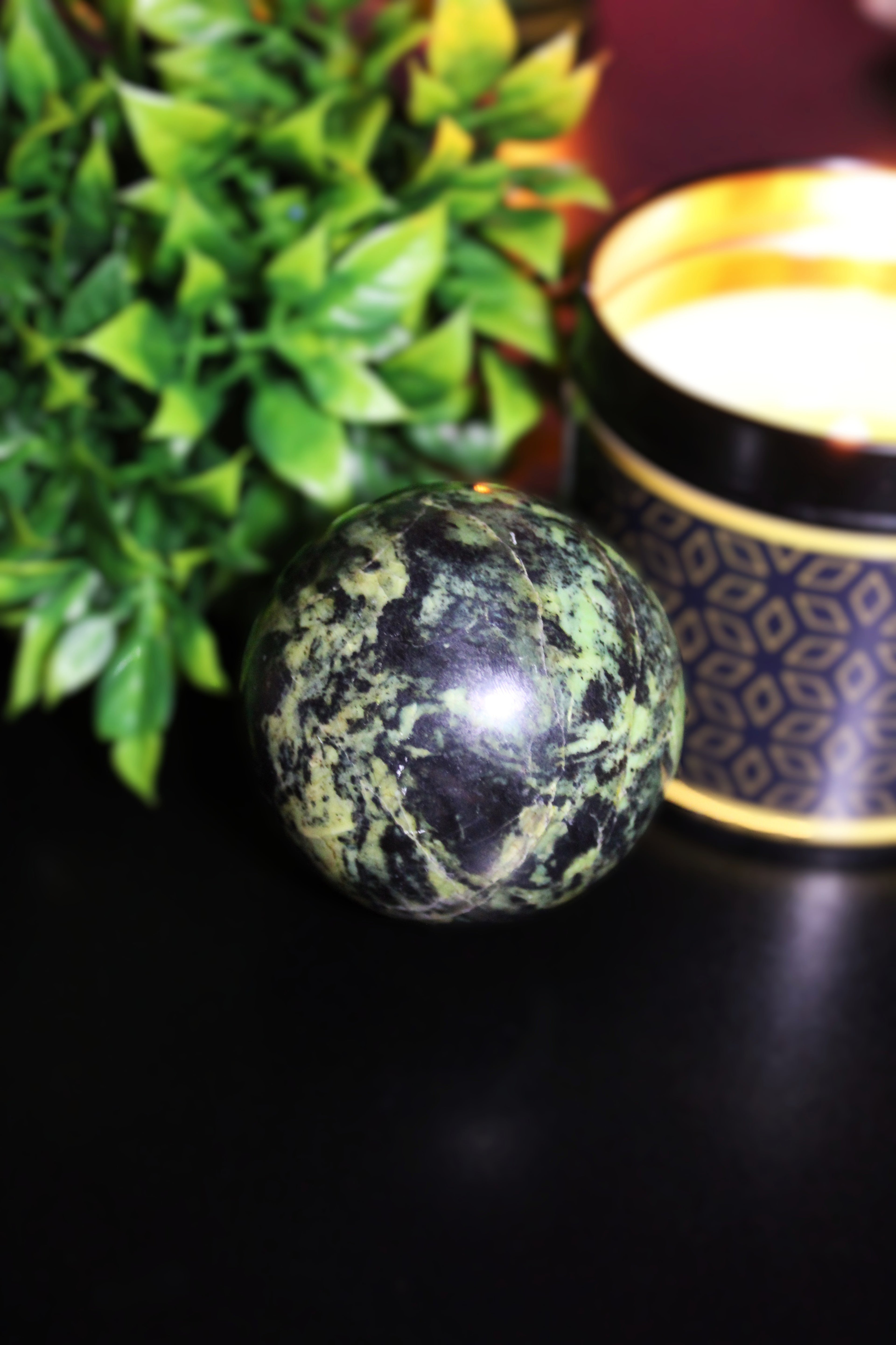 Green Serpentine &amp; Magnetite Crystal Sphere - LunasINN